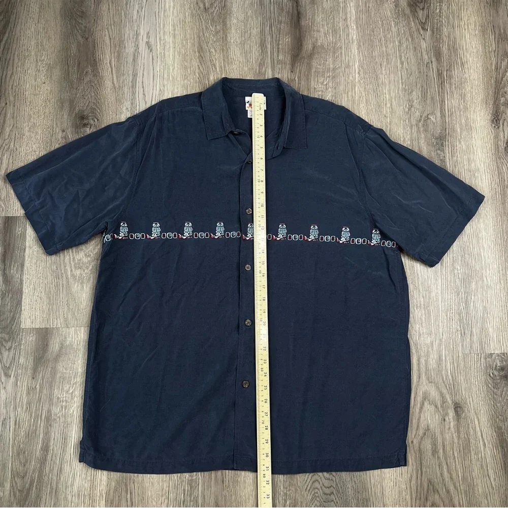 Disney Parks Hawaiian Shirt Mens‎ L Navy Blue Mickey Mouse Tiki Polynesian Rayon